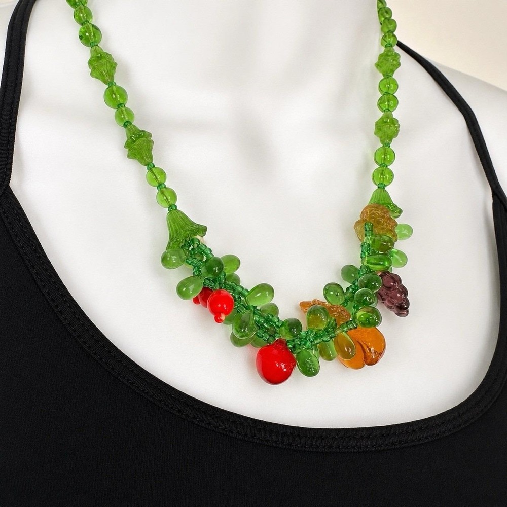 Old Vintage Art Glass Czech Bead Fruit Salad Bib Necklace Pressed & Lampwork